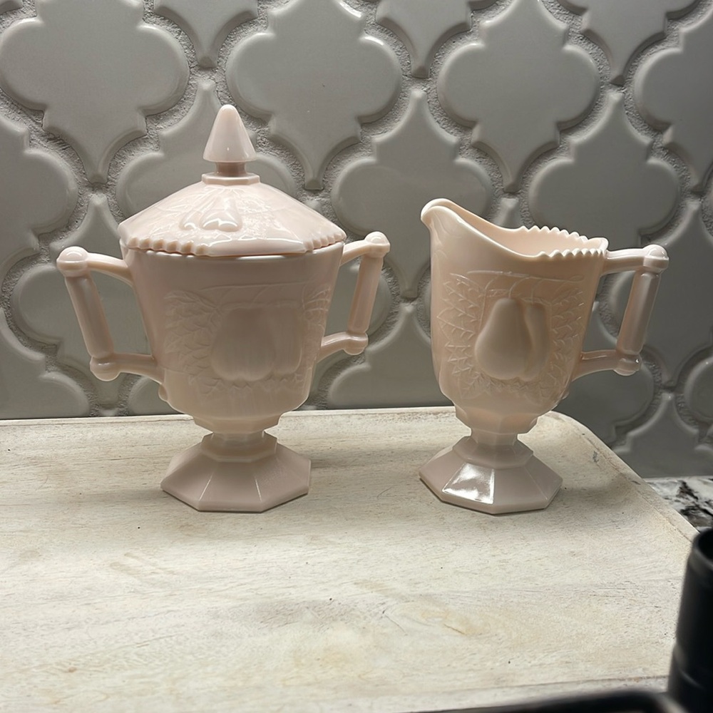 Jeannette Baltimore Pear Pink Milk Glass Set of Creamer and Sugar Bowl